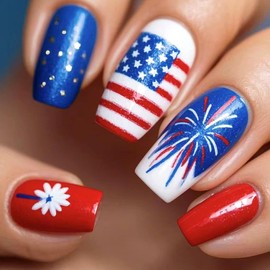 4th of July Press on Nails Short Coffin Fake Nails with Flower Stars Stripe Designs Silver Glitter Glue on Nails Red Blue Full Cover Glossy False Nails Independence Day Stick on Nails for Women 24 Pcs