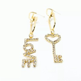 Fashion Jewelry E0524 Gold Color Metal Clear Rhinestones Word LOVE Heart Key Dangle Earrings