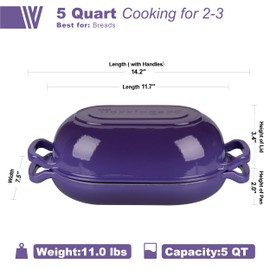 VORRINGARD Enameled Cast Iron Sourdough Bread Oven, Dutch Oven, Loaf Cast Iron Bread Pan for Homemade Bread Baking, Meatloaf Pan with Lid, 5QT, Purple