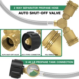 GardenNow 12FT Propane Hose with Propane Splitter 2 Way, Propane Y Splitter Adapter with Shut Off Valve, Two Way LP Gas Adapter Tee Connector for 20lb Propane Tank, Heater, Camping Stove, Gas Burners