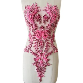 Handmade Shiny Rhinestones Applique handsewing Beaded Sequins Crystal on lace Trim Patches for Prom Dress Clothing Decorative Accessories (Pink)