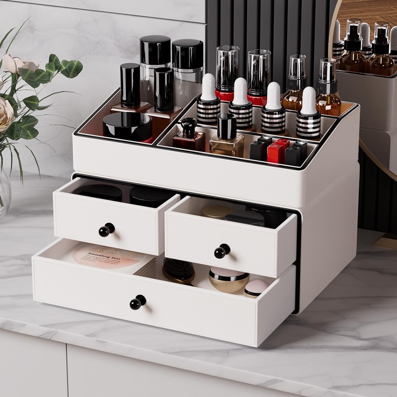 GORESE Leather Makeup Organizer with Drawers for Vanity, Stackable Skincare