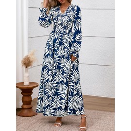MASCOMODA Womens 2025 Fall Long Sleeve Floral Maxi Dress Casual Smocked V Neck Boho A Line Flowy Long Wedding Guest Dresses(Floral Navy,Small)