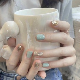 【Original Handcrafted】Spring Press-On Nails with Fresh Mint Green Mirror Finish, Champagne Sparkle, and Large Glitter for a Dazzling Look - Size: S