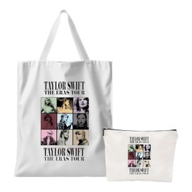 Canvas Makeup Bag& Tote Bag TylishSet, for Women Girls, Grocery Canvas Shopping Cosmetic Bag Aesthetic Portable Zipper, 2-Pack (White)