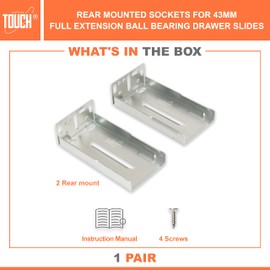 TOUCH Rear Mounting Drawer Slides Socket (1 Pair, 2 Pcs) for 1.69" (43mm) Full Extension Side Mount Ball Bearing 3 Folds Metal Rails Track Guide Glides Runners