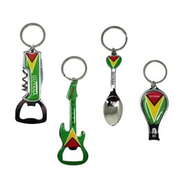 TSY TOOL 4 Pack Guyana Keychains Country Metal Keychain, 4 Bottle Opener, Nail Clipper, Guitar, Spoon, Corkscrew, Guyanese Patriotic Souvenir Keychains, Car Keys, Gift, Bulk