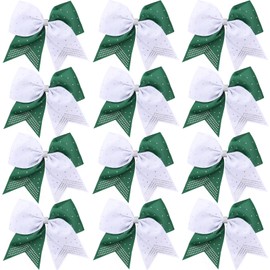 Hipcheer 12PCS 8" Rhinestones Large Cheer Hair Bows for Girls, Hand-made Grosgrain Ribbon Hair Accessories for Teen Girls Softball Cheerleader Sport (Green/White)