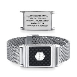 Divoti Medical Alert ID Bracelet | Customizable Alert ID Bracelet, Emergency Identification Card | Adjustable Mesh Chain with Slide Clasp – Stainless Silver/Black Carbon Fiber/White Caduceus