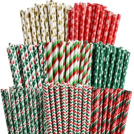 NINU 200 Christmas Paper Straws, Christmas Tree Snowflake Striped Straws for Christmas Party Decorations and Christmas Gifts, 8 Styles