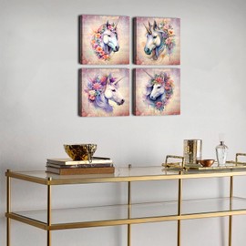 Unicorn Wall Art Colorful Unicorn Pictures Wall Decor for Girls Bedroom Pastel Flower Unicorn Paintings Canvas Prints Fairy Animal Unicorn Artwork Baby Playroom Nursery Room Home Decorations 12x12" 4P