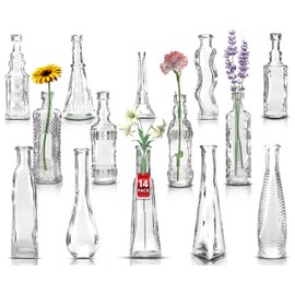 BULK PARADISE Decorative Vintage Bud Vases with Corks - Set of 14 Clear Glass Vases for Centerpieces - Cute Small Vases for Flowers - 5oz Glass Bottles Flower Vases Set for Home Decor & Wedding