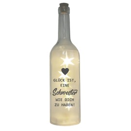 WB wohn trends LED Bottle with Motif, Glück ist eine Schwester wie Dich zu haben, Grey, 29 cm, Bottle Light, Glitter Bottle, Light Bottle Lamp with Text Saying