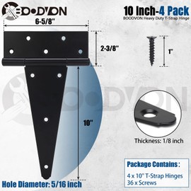 BOODVON 10 Inch T-Strap Gate Hinges, Shed Barn Door Hinges Heavy Duty, Black Tee Hinges for Wooden Fences, Yard Gate, Wrought Hardware Iron Rustproof (4Pack/Set)