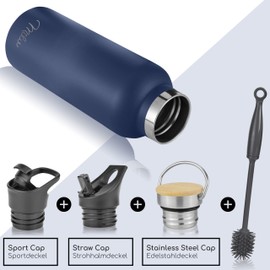 Milu Stainless Steel Drinking Bottle 350 ml 500 ml 750 ml 1000 ml (+ 3 Lids) - Thermos Bottle with Straw, Insulated Water Bottle, Leak-Proof Insulated Flask Double-Walled (Navy Blue, 750 ml)