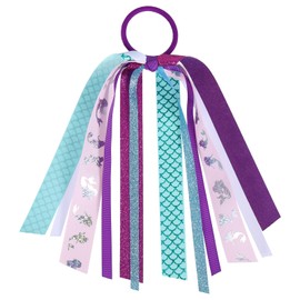8.7" Mermaid Ponytail Streamer Glitter Purple Blue Ribbon Bow Pony Holder Elastic Hair Tie Band for Girls Women Kids Mermaid Birthday Hair Accessories Summer Beach Vacation Gift