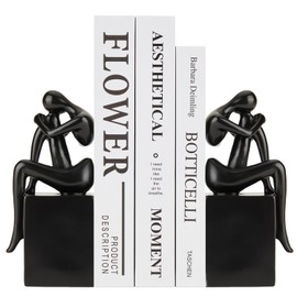 Xmeden Black Book Ends Decorative, Girl Thinker Design, Modern Bookends for Shelves, Non-Skid Heavy Duty Resin Book Stopper for Books,Bookends with Base, Resin, 1Pair/2Piece