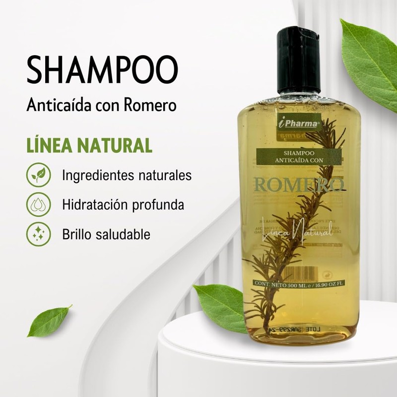 IPharma Shampoo Anticaída con Romero, Línea Natural, 500 ml