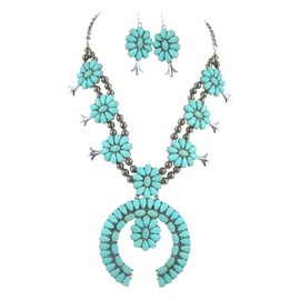 Skelapparel Southwestern Style Round Naja Blue Squash Blossom Statement Necklace and Earrings Set
