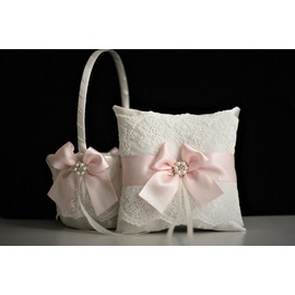 Blush Pink Flower Girls Basket and Ring Bearer Pillow Set, Pink Ring Pillow/Pink Wedding basket/Pink Wedding Pillow/Lace Flower Basket (Other, 2 Pillows)