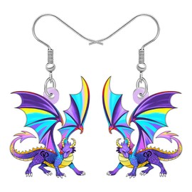 BONSNY Rainbow Dragon Dangle Earrings, Fantasy Mythical Creature Design, Colorful Wings, Funny Novelty Hypoallergenic Jewelry For Women Cosplay Fantasy Events Accessories (Purple)