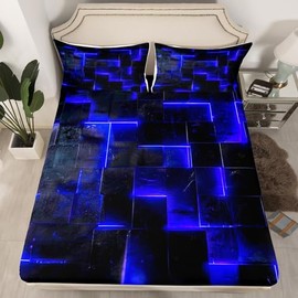3D Geometric Leaves Abstract Aesthetic Bed Linen, Black and Navy Fitted Sheet, 140 x 200 x 30 cm, Glowing Futuristic Cube Bed Set, Neon Grid Bed Linen (Deep Pocket)