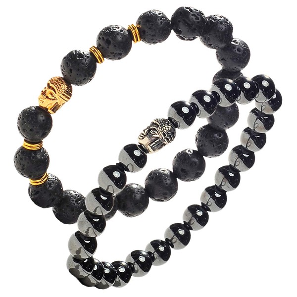 Earth Therapy Buddha Root Chakra Bracelet Set - Gold Plated Volcanic Lava and Hematite Healing Bracelets - Adjustable - for Men, Women and Yogis - Gift Set of 2