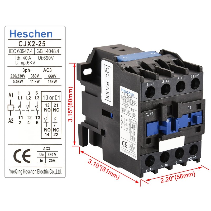 Heschen AC Contactor, CJX2-2501, 24V 50/60Hz Coil, 3P, 3 Pole,