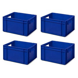 TK421-0 Transport Stacking Boxes 400 x 300 x 210 mm (L x W x H) Polypropylene Volume 19 Litres Load 40 kg Food Safe Made in Germany Industrial Quality Pack of 4 Blue