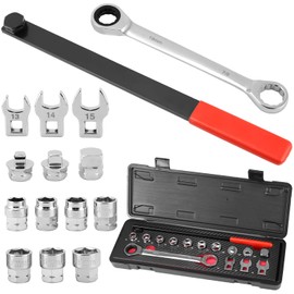 QWORK 15-Piece Universal Ratcheting Serpentine Belt Tool Set with Extension Arm and Low Profile Sockets for Easy Belt Installation and Removal