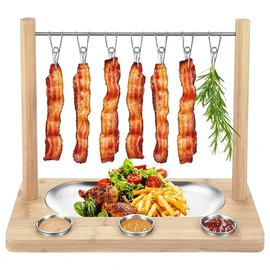 Triceratops Bacon Display Rack, Wood Bacon Serving Dishes, Bacon Hanger Charcuterie Cheese Board with Stainless Steel Serving Platter Tray, Ideal Warming Gifts (Set of 2, 1 Row)