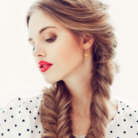 JewelryWe Mens Womens Earings Long Cross Stainless Steel Eardrop Gold Silver Tone Trendy Earbob for Boys Girls