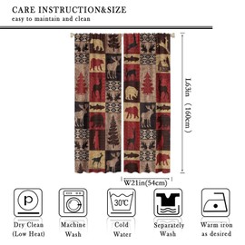 Kazynee Vintage Check Black Bear Blackout Curtains for Living Room,Rustic Country Farmhouse Cabin Elk Tree Plaid Window Drapes - Thermal Insulated Noise Reduction,42x63in Room Darkening Curtains