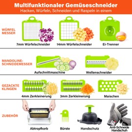 Gemüseschneider, 16 in 1 Gemüse Schneider, Vegetable Chopper mit 8 Auswechselbaren Klingen, Gemüseschneider Manuell, Würfelschneider (Grün) (Grün)