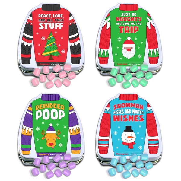 Christmas Candy. Funny Stocking Stuffers For Adults, & Children. Set of 4 Novelty Variety Pack Ugly Sweater Mint Tins.