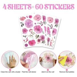 Tittaty 60 Pcs Flower Stick Wall Decals Watercolor Leaves Wall Stickers Flower Decor for Girls Bedroom Computer Lockers Living Room, 4 Sheets