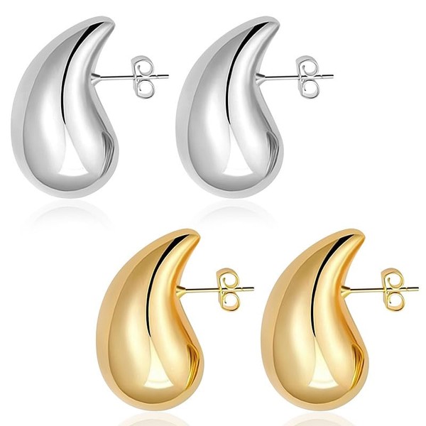 Aucuu 2Pcs Chunky Gold Hoop Earrings for Women, Lightweight Waterdrop