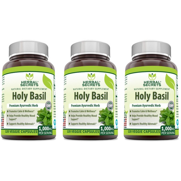 Herbal Secrets Holy Basil 1000 Mg Per Serving Capsules (Non-GMO)- Promotes Calm & Wellness, Helps Provide Healthy Mood Support, Support Healthy Adrenals* (120 Capsules (3 Pack))