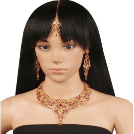 New! Touchstone Indian Bollywood Princess Diana Studded Diamond Look Smoky Quartz Ruby Sparkling Rhinestone Designer Jewelry Necklace with Mangtika in Gold Tone for Women.