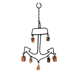 Nautical Anchor Wind Chime with 7 Rustic Copper Cow Bells, Black Metal Frame, Vintage Maritime Outdoor Decor, 17" x 10"