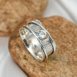 JEWELSTREZORO Blautopas Edelstein 925 Sterling Silber Spinnerring Männer & Frauen Meditationsring Alle Größen Handarbeit Schmuck TSR156H_68 (21.6)