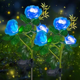 Hopolon Solar Garden Lights Outdoor,2Pack Solar Powered Lights with 6 Realistic Rose Flowers, Waterproof 7-Color Changing Solar Decorative Lights for Lawn Patio Courtyard Pathway Yard (Blue)