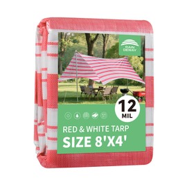 RAINDEWAY Tarps 4x8 Feet,12 Mil Sunshade Striped Tarp Waterproof,Multipurpose Poly Tarp Cover with Grommets and Reinforced Edges,Red/White Tarps