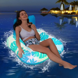 Inflatable Pool Floats Lounger Adult,Floating Lounge Chairs with Color Changing LED Lights,Pool Lounger Float with Cup Holders,Backrest and Mesh Bottom for Pool, Beach, and Water Parties