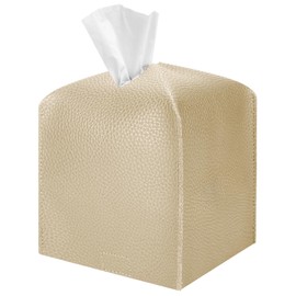 Tissue Box Cover Holder, Modern Square PU Leather Facial Tissue Box Holder, Decorative Tissue Cube Box Cover Organizer for Bathroom Tabletop Car Night Stands Office Desk, 5"x5"x5", Beige