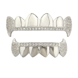 Psivika Diamond Grills Gold Plated Shiny Hip Hop Teeth Grillz Caps Iced Out CZ Top and Bottom Vampire Fangs Grillz for Men and Women (Silver)