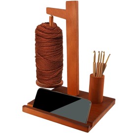Rumexeng Wooden Yarn Holder with Phone Stand, Wooden Yarn Spool Rack for Crocheting and Knitting, Crochet Hook Storage, Magnetic Yarn Ball Spinner Holder, Ideal Gift for Craft Lovers (Brown)