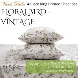Virah Bella 4-Piece King-Size Printed Microfiber Bed Sheet Set - Floral Bird - Vintage