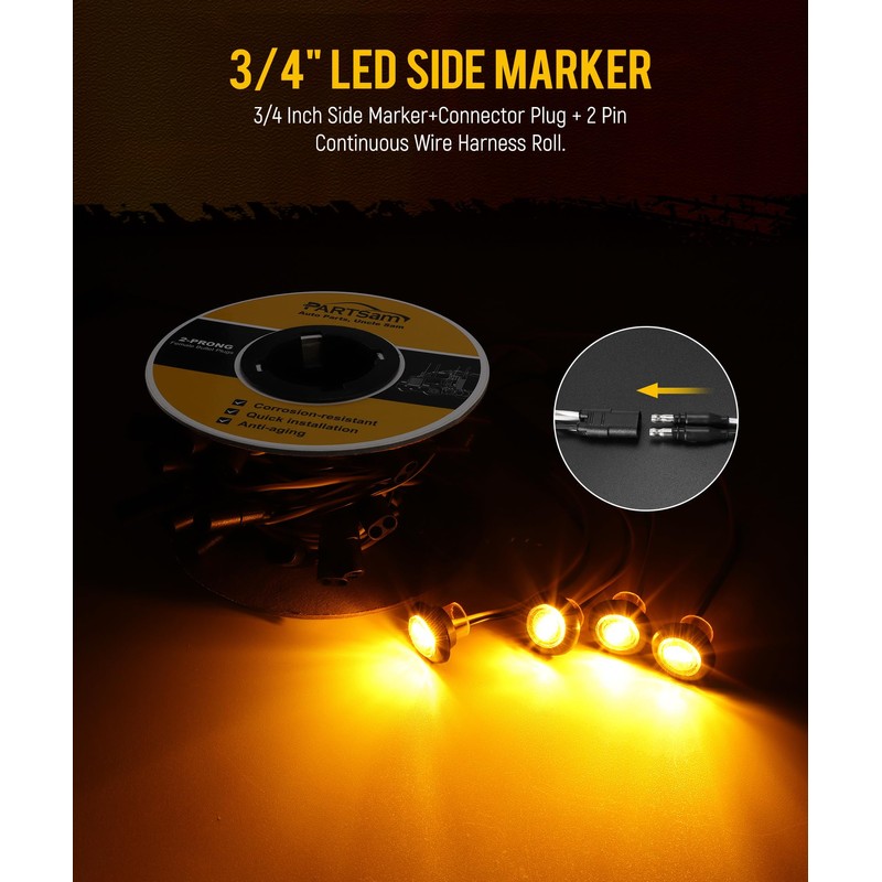 Partsam 50 Pcs 3/4" Amber Side Marker Lights with Connector