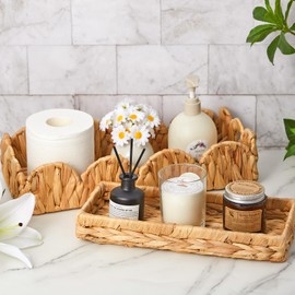 2 Pack Water Hyacinth Toilet Tank Tray Topper Basket and Vanity Set 14.96x6.3 and 11.81x5.12 in Decorative Vanity Toilet Tray Handmade Storage Basket Countertop Bin for Paper Hand Towel Bathroom Spa